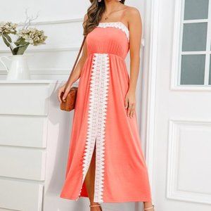 Orange-Red & White Lace-Detail Front-Slit A-Line Dress NWT